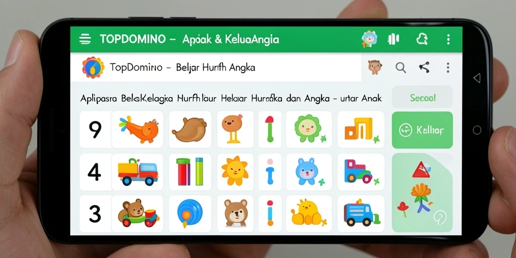 Screenshot antarmuka aplikasi TOPDOMINO yang menunjukkan fitur belajar huruf dan angka.